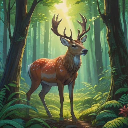 A serene forest scene, a majestic wild deer standing gracefully among lush greenery, ethereal light filtering through the trees, peaceful ambiance, symbolism of spiritual connection, harmony with nature, gentle expression on the deer's face, vibrant colors, 4k
