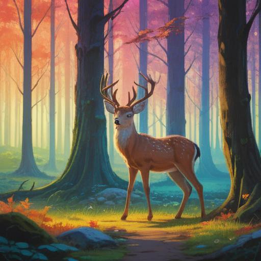 A serene forest scene featuring a majestic wild deer, ethereal light filtering through the trees, symbolizing spirituality and good omens, gentle expressions on the deer’s face, lush greenery and blooming flowers, a tranquil atmosphere, nature's harmony, 4k