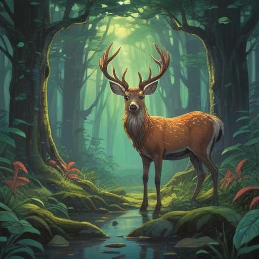 A serene forest scene, a majestic wild deer standing gracefully, surrounded by lush greenery, ethereal light filtering through the trees, symbols of intuition and awareness in the air, subtle hints of spirituality represented by glowing orbs, peaceful and harmonious atmosphere, a sense of connection to nature, 4k