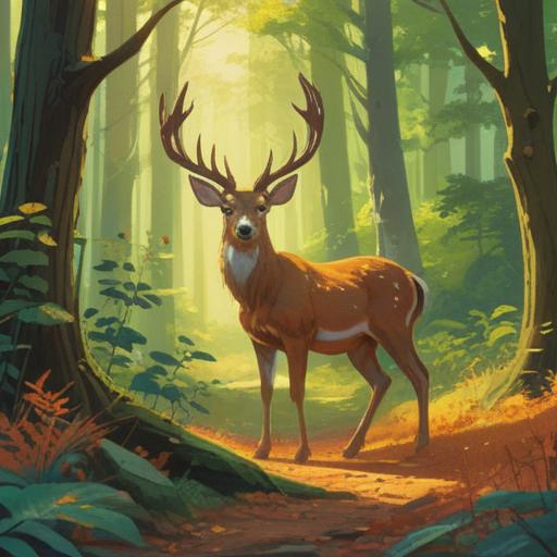 A serene woodland scene featuring a majestic wild deer standing gracefully among lush green trees, golden sunlight filtering through the leaves, a sense of tranquility and connection with nature, lucky charms like a four-leaf clover and a horseshoe nestled nearby, vibrant flora surrounding the deer, harmonious atmosphere, enchanting wildlife, high-resolution