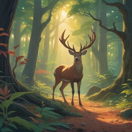 A serene forest setting, a majestic wild deer emerging from the trees, sunlight filtering through the leaves, peaceful atmosphere, soft rustling of foliage, gentle gaze of the deer, lush green surroundings, nature connection, sense of tranquility, 4k