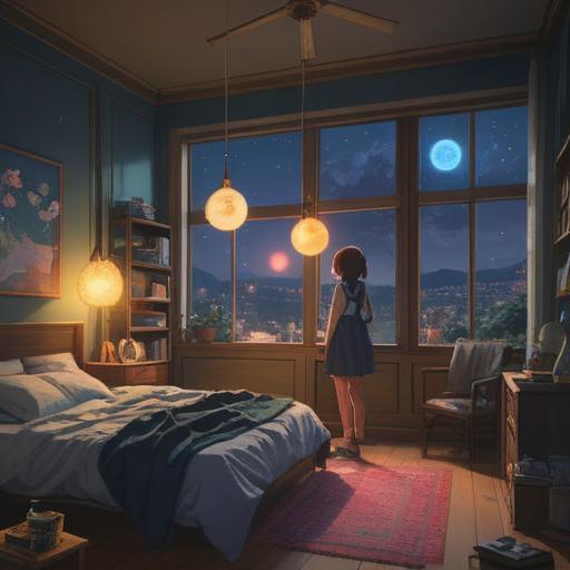 A serene night scene, a person awakening in a softly lit room, ethereal light streaming through the window, surrounded by glowing orbs symbolizing spiritual awakening, calm and introspective atmosphere, deep blue and purple hues, intricate details of the interior, hint of stars visible outside, mystical aura, 4k