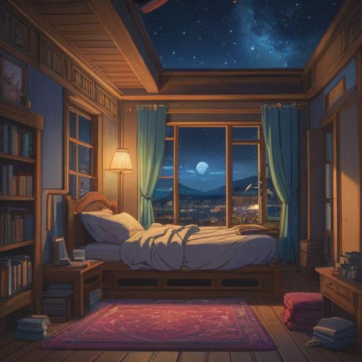 A serene nighttime scene, a person awakening from a peaceful sleep, soft moonlight illuminating the room, subtle signs of spirituality around, gentle aura reflecting positive energy, tranquil surroundings, a sense of calm and enlightenment, stars twinkling outside the window, dreamlike ambiance, 4k