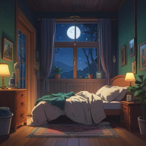 A calm, mystical night scene, a bedroom softly illuminated by moonlight, a figure sitting up in bed with a curious expression, ethereal glow surrounding them, faint spiritual symbols in the air, shadows dancing on the walls, sense of awareness, serene atmosphere, 4k