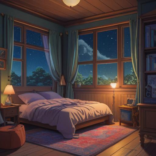 A magical scene depicting a cozy bedroom at night, soft moonlight filtering through the curtains, a bedside table adorned with lucky items like a four-leaf clover, a small lucky cat, and a bright dreamcatcher, serene atmosphere, soothing colors, inviting warmth, subtle details in the background like stars twinkling outside the window, 4k