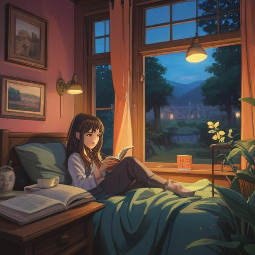 A serene evening scene, cozy bedroom, soft ambient lighting, a person reading a book by the window, calming cup of herbal tea on a bedside table, gentle sounds of nature outside, calming colors, relaxing atmosphere, mindfulness and self-care theme, 4k