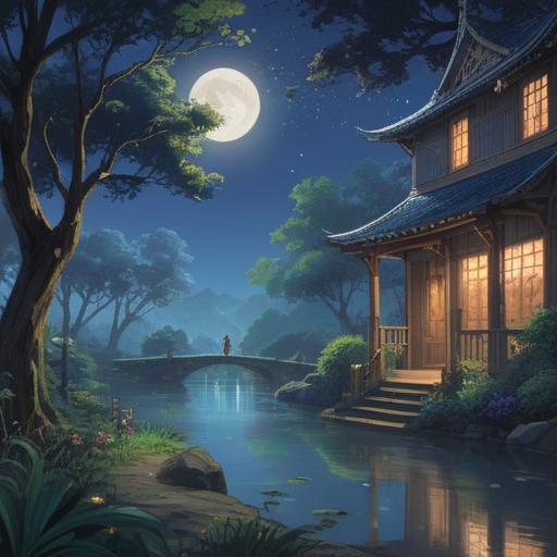 A serene night scene, gentle breeze rustling through leaves, ethereal glowing orbs in the air, soft silver moonlight illuminating the surroundings, tranquil atmosphere, subtle spiritual symbols in the sky, calm lake reflecting the night sky, harmonious connection with nature, 4k
