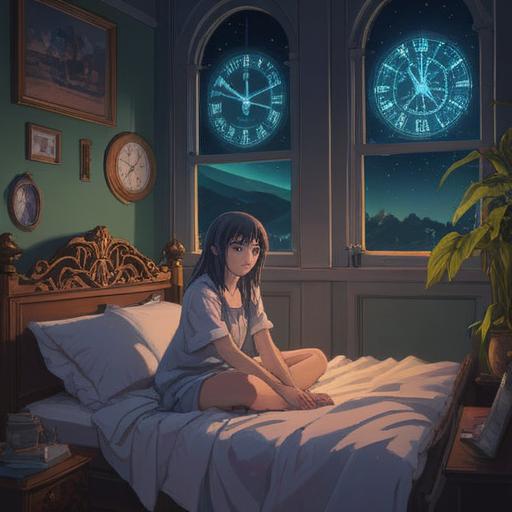 A serene nighttime scene, a clock striking 2 AM, ethereal glow filling the room, a figure sitting up in bed looking contemplative, moonlight streaming through the window, symbols of spirituality like crystals and incense in the background, a sense of awakening and introspection, vivid colors highlighting the dreamlike atmosphere, 4k, high detail