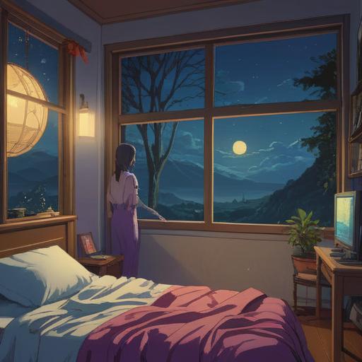 A serene night scene depicting a person waking up at 2 AM, soft moonlight filtering through the window, tranquil ambiance, subtle spirit guides around, symbolic representations of intuition and enlightenment, intricate patterns of stars in the sky, calming colors, peaceful expression on the person's face, 4k