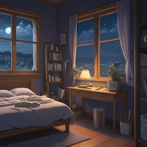A serene bedroom scene at 2 AM, moonlight filtering through the window, a bedside table with a lucky item glowing softly, a peaceful sleeping figure in the bed, gentle shadows, cozy atmosphere, subtle details of night, calming color palette, 4k