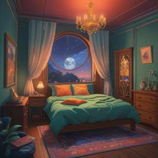 A serene and mystical scene, featuring a peaceful bedroom illuminated by moonlight, an open window with sheer curtains gently swaying, a clock showing 3 AM, ethereal symbols floating in the air, soft shadows cast on the walls, a sense of awakening and spiritual insight, tranquil atmosphere, 4k