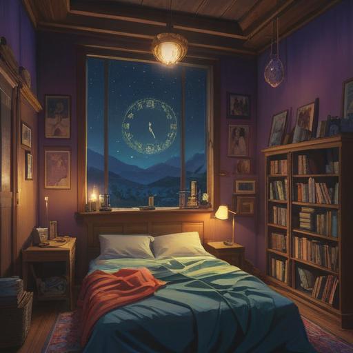 A serene and mystical nighttime scene, a clock showing 3 AM, ethereal light illuminating a bedroom, a figure in meditation symbolizing spiritual awakening, soft shadows and a calming aura, intricate details highlighting symbols of guidance and intuition, tranquil atmosphere, conveying a sense of awakening and understanding, 4k