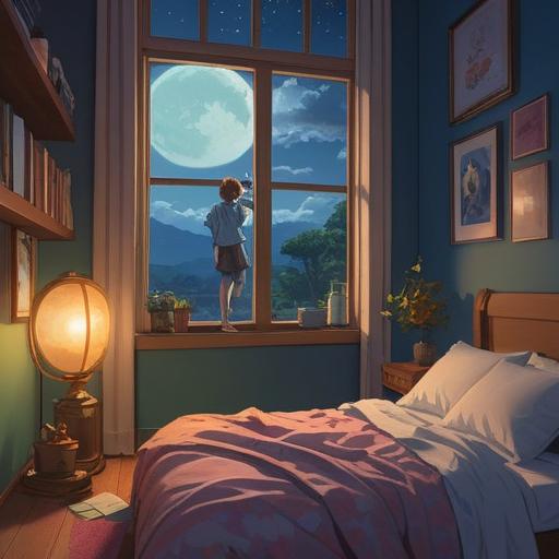 An illustration of a person waking up at 3 AM, a serene bedroom setting, soft moonlight filtering through the window, a clock showing 3:00 AM, an open notebook and pen on the bedside table, peaceful expression on the person's face, symbols of good luck like a four-leaf clover nearby, cozy atmosphere, warm colors, 4k
