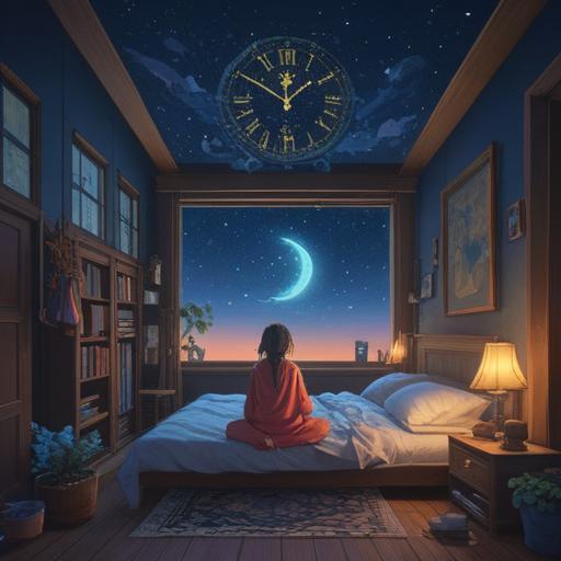 A serene night scene, deep blue sky filled with stars, a clock striking three, a figure meditating in bed with serene expression, ethereal light illuminating the room, soft shadows, peaceful ambiance, connection to the spiritual realm, profound introspection, 4k