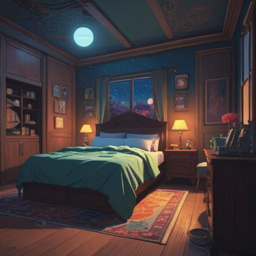 A serene nighttime scene, a bedroom bathed in moonlight, a person waking up at 3 AM, ethereal glow, spiritual symbols subtly illuminated, peaceful and reflective atmosphere, celestial elements in the background, dream-like quality, 4k