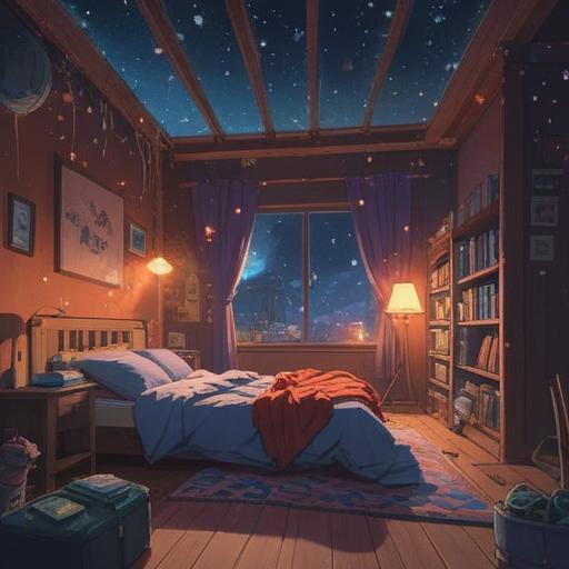 A whimsical scene depicting a person waking up at 3 AM, surrounded by glowing stars and a softly illuminated room, the character looking surprised and curious, a magical aura in the air, a list of lucky actions floating nearby, nighttime atmosphere, cozy and inviting, 4k