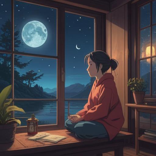 A serene night scene, dimly lit by the moon, tranquil atmosphere, a person meditating by the window, gentle reflections on the glass, soft shadows in the room, surrounded by books and candles, nature sounds outside, peaceful expression, deep relaxation, 4k