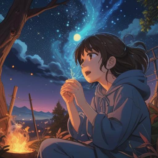 A serene nighttime scene, a person sneezing under a starry sky, surrounded by ethereal wisps of energy, representing spiritual awakening, gentle moonlight illuminating the surroundings, soft shadows casting a mystical aura, reflection of the inner self in the tranquil atmosphere, exploring the deeper meaning of sneezing at midnight, 4k