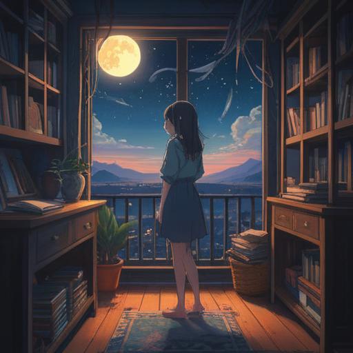 A serene nighttime scene, a person sneezing softly, glowing moonlight filtering through a window, symbols of spirituality like feathers and gentle light orbs, calming atmosphere, hints of positive energy surrounding, deep blue colors, subtle sparkle effects, 4k