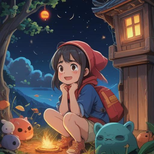 A whimsical night scene depicting a character sneezing at midnight, surrounded by glowing lucky items, sparkling stars in the sky, a cozy room filled with vibrant decor, enchanting shadows, an aura of mystery and fortune, inviting atmosphere, detailed visual elements, 4k