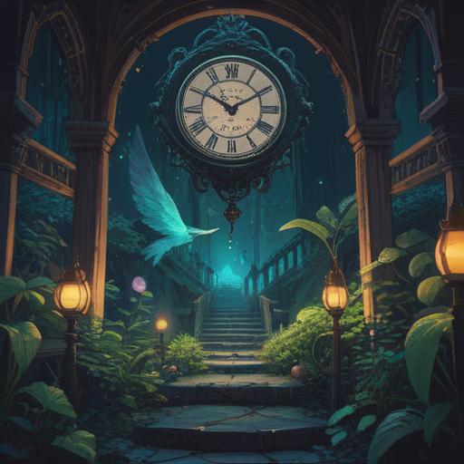 A mystical nighttime scene, featuring a clock striking 4 AM, surrounded by ethereal light, symbolic representations of spirituality, calming moonlight, soft shadows, nature elements like stars and trees gently illuminated, an aura of peace and enlightenment, harmonious composition, visually conveying a sense of guidance and hope, 4k