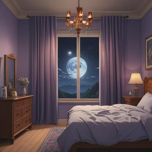 A serene bedroom scene at 4 AM, soft moonlight filtering through the curtains, a peaceful atmosphere, an elegant essential oil diffuser emitting a gentle mist, calming lavender aroma filling the air, a cozy bed with fluffy pillows, a clock showing 4:00 AM, warm and soothing colors, tranquil ambiance, 4k