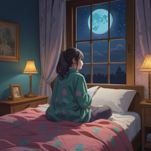 A serene and mystical illustration, a person sitting up in bed at 3 AM, a soft glow from a moonlit window, dreamlike atmosphere, ethereal light surrounding them, symbolic imagery of awakening and spiritual insight, deep blues and silvers, introspective expression, peaceful yet profound, 4k