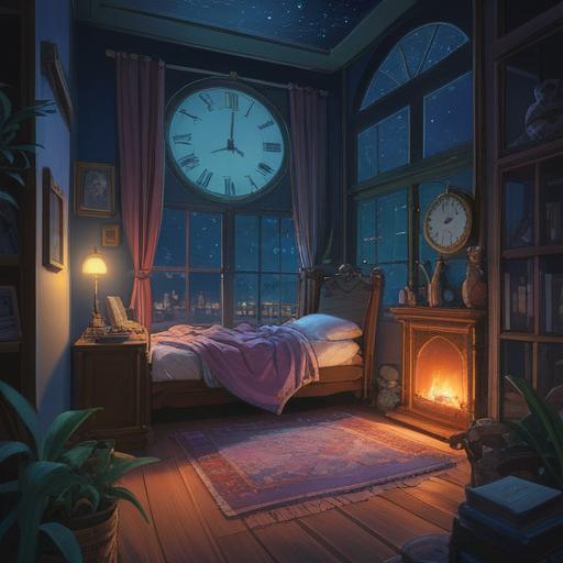 A serene nighttime scene, a clock reading 3 AM, a gentle moonlight illuminating a room, ethereal glow, hints of spiritual symbols in the shadows, calm and peaceful atmosphere, a person meditating by the window, reflecting on their thoughts, surrounded by candles and soft textures, deep connection to the universe, 4k