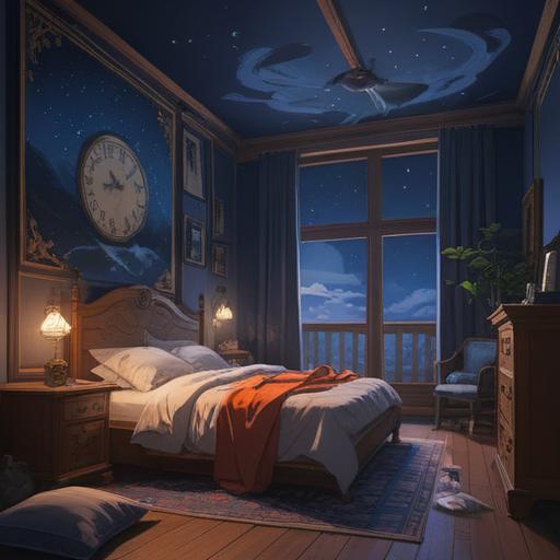 A serene midnight scene, a clock striking 3 AM, a cozy bedroom illuminated by moonlight, a person pondering their lucky number, small notes with numbers scattered on the bedside table, a sense of wonder and curiosity, peaceful atmosphere, dreamy ambiance, soft shadows, 4k