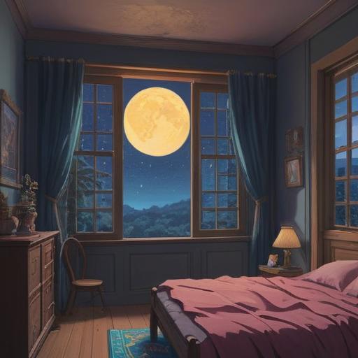 A serene and mystical scene depicting a person waking up at midnight, moonlight filtering through the window, ethereal glow surrounding the room, symbolic signs like feathers and shimmering orbs floating in the air, a sense of calm and wonder, dreamlike atmosphere, soft shadows and light contrast, 4k