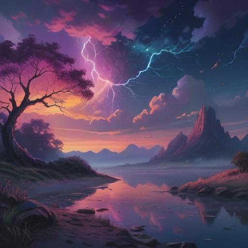 A mystical night scene, thunder illuminating the dark sky, deep blue and purple hues, ethereal energy flowing through the air, symbolic representation of transformation and change, shadows cast by trees, a sense of awe and power, serene yet intense atmosphere, spiritual connection with nature, 4k