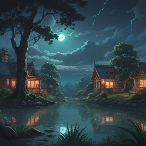 A mystical night scene with dark clouds illuminated by flashes of lightning, spiritual symbols appearing in the sky, a serene landscape with trees swaying in the wind, a calm body of water reflecting the lightning strikes, a sense of peace and revelation, ethereal glow surrounding the environment, harmony between nature and the supernatural, 4k