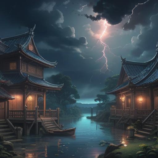 A mystical nighttime scene, dark stormy skies illuminated by lightning, ethereal presence suggesting spiritual significance, hints of ancient symbols in the clouds, feeling of awe and caution, serene landscape features, connected to nature's energy, atmospheric tension, 4k