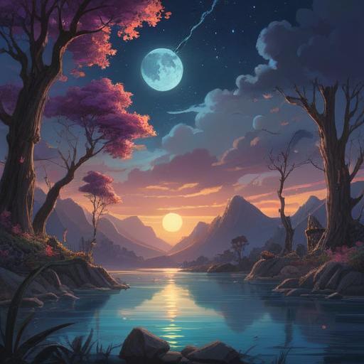 A mystical night scene, a glowing lucky charm illuminated by a soft moonlight, dark clouds swirling overhead, occasional flashes of lightning in the background, tranquil atmosphere, detailed reflections in a nearby puddle, vibrant colors contrasting with the night sky, enchanting foliage surrounding the charm, whimsical elements hinting at good fortune, 4k