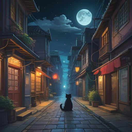 A mystical nighttime encounter, a serene street illuminated by moonlight, a curious cat with glowing eyes, ethereal atmosphere, spiritual symbolism, soft shadows and highlights, gentle breeze rustling leaves, an enchanting sense of connection, illuminating the hidden meanings of the night, 4k