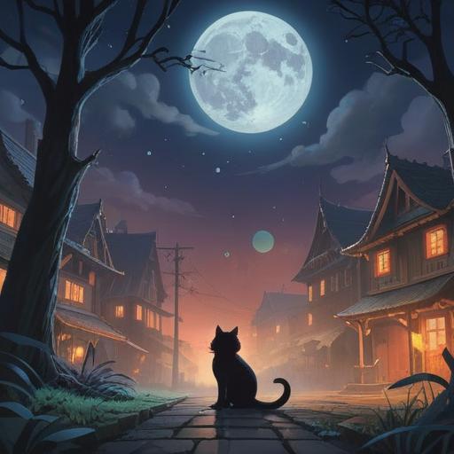 A mystical night scene featuring a black cat under a full moon, surrounded by glowing orbs of light, ethereal mist in the background, trees swaying gently, a serene and tranquil atmosphere, symbols of protection and intuition, deep indigo and soft silver tones, 4k