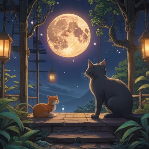 A mystical scene depicting a cat appearing at midnight, surrounded by ethereal lights, a full moon illuminating the night sky, soft shadows creating an enigmatic atmosphere, elements of spirituality and caution represented through glowing orbs, detailed fur texture on the cat, tranquil yet eerie ambiance, 4k