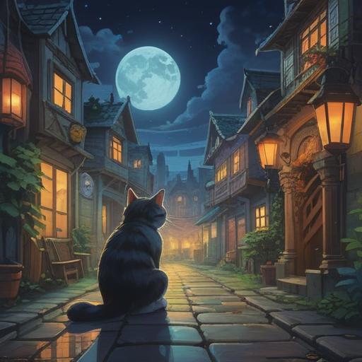 A magical night scene featuring a cat and its owner, glowing lucky charm in hand, enchanting moonlight illuminating the surroundings, whimsical atmosphere, intricate details of the cat's fur and the charm’s design, vibrant flowers blooming in the background, warm and inviting colors, sense of adventure and warmth, 4k