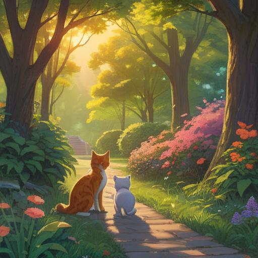 A heartwarming scene of a person meeting a cat for the first time, gentle sunlight filtering through trees, a cozy park setting with blooming flowers, a sense of connection and joy, the cat playfully interacting, vibrant colors, serene atmosphere, soft focus, 4k