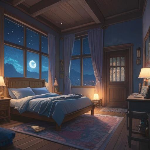 A serene and mystical night scene, soft moonlight illuminating a peaceful bedroom, a person with a calm expression sitting up in bed, ethereal aura surrounding them, hints of spiritual symbols glowing faintly, a window showing a starry sky, tranquil atmosphere, dreamlike quality, 4k