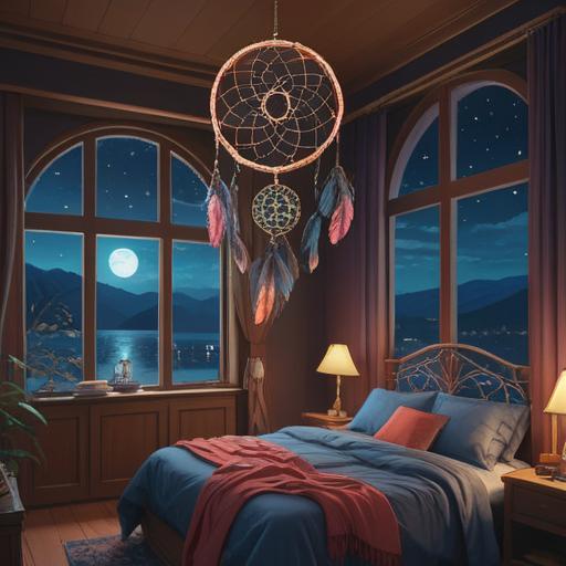 A serene and mystical nighttime scene, featuring a decorative dream catcher glowing softly in the moonlight, a bedside table with a crystal and an open window letting in a gentle breeze, shadowy silhouettes of trees outside, a cozy room atmosphere, the clock showing midnight, symbols of luck like four-leaf clovers scattered around, inviting and calming ambiance, 4k