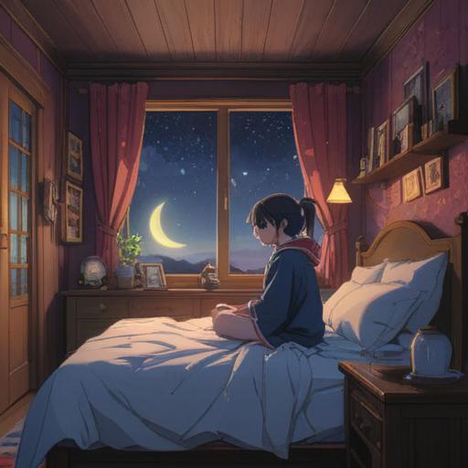 A mystical and serene night scene, a person sitting on the edge of their bed, looking contemplative, soft moonlight filtering through the window, shadows dancing on the walls, a spirit symbol faintly glowing in the air, calm atmosphere, deep connection to the spiritual realm, 4k