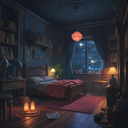 A mysterious nocturnal scene, a shadowy figure in a dimly lit room, ethereal lights flickering, soft whispers lingering in the air, abstract representations of spiritual signs surrounding the figure, a sense of urgency and caution, dark yet thought-provoking atmosphere, intricate details, 4k