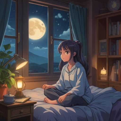 A serene night scene, a person sitting up in bed, coughing softly, glowing lucky crystal on the bedside table, gentle moonlight illuminating the room, calming atmosphere, cozy bedroom details, soft blankets, peaceful yet introspective mood, 4k