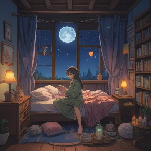 A comforting scene depicting a person sitting on their bed at midnight, softly illuminated by moonlight, surrounded by soothing items like herbal tea and a warm blanket, showing a gentle expression of empathy and care, a small lamp casting a warm glow, cozy atmosphere, tranquil night, psychological support, emotional healing, 4k