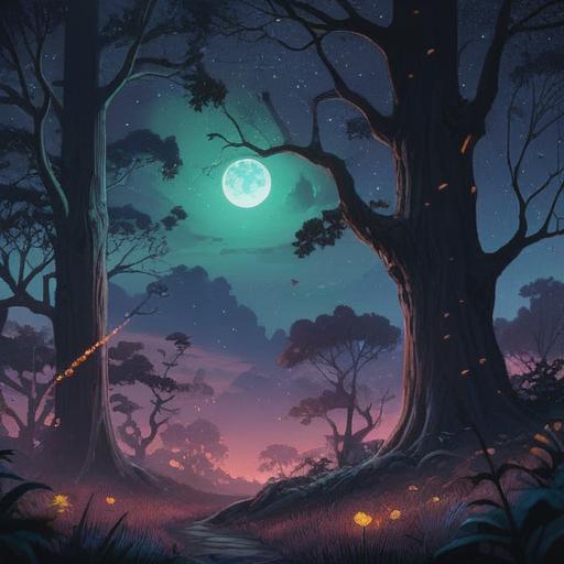 A mystical night scene, dark sky filled with stars, eerie silhouettes of trees, glowing symbols in the air, a sense of foreboding, soft whispers carried by the wind, a figure standing still in contemplation, illuminated by moonlight, capturing a spiritual essence, deep emotions reflected in the atmosphere, 4k