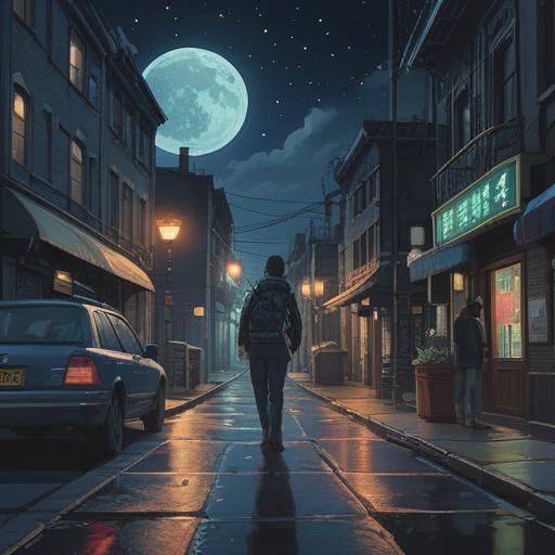 A surreal night scene, a quiet street illuminated by moonlight, dark sky with stars, vintage police siren echoing in the distance, a glowing lucky item on the ground, ethereal glow, mysterious ambiance, subtle hints of magic, dreamy atmosphere, high detail, 4k