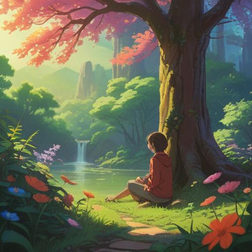 A serene scene depicting a person sitting peacefully in nature, surrounded by blooming flowers and sunlight filtering through trees, reflecting a sense of openness and vulnerability, symbols of luck such as a four-leaf clover and butterflies fluttering around, the individual wearing a relaxed expression, illustrating the idea of attracting fortune through an open heart, vibrant colors, inviting atmosphere, 4k