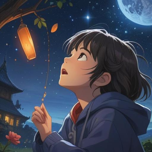 A mystical nighttime scene, a person sneezing under a starry sky, ethereal glow surrounding them, symbols of spiritual significance, gentle breeze rustling through trees, serene atmosphere, soft light illuminating the face, vivid expression of surprise, surrounded by shimmering orbs, deep contemplation, tranquil environment, 4k