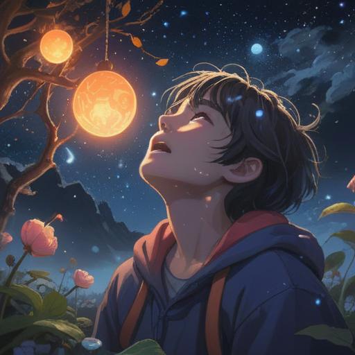 A mystical night scene, a person sneezing under a starry sky, ethereal glow surrounding them, soft light illuminating their face, spiritual symbols in the background, a sense of tranquility and enlightenment, magical aura, 4k